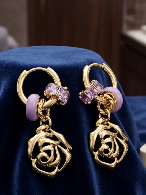 Dana Buchman Gold Rose Hoop Earrings With Pink Accents Chanel Flower 50$
